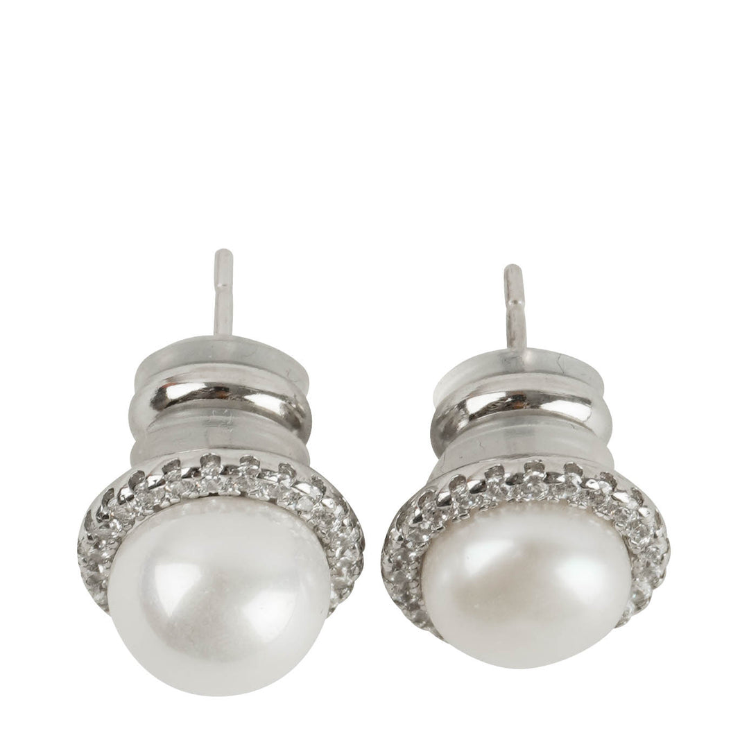 Shashi Halo Pearl Stud Earrings in Silver - Discounts on Shashi at UAL