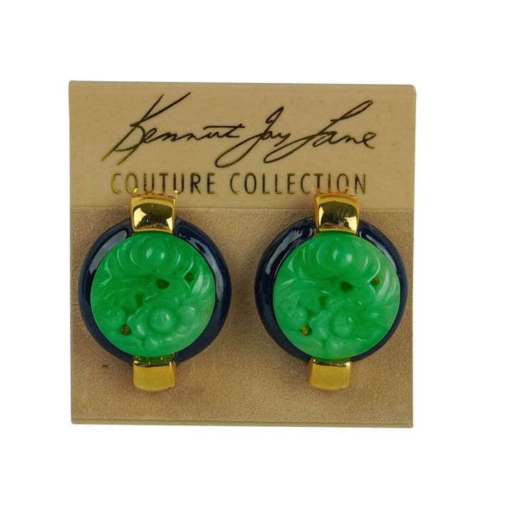 Kenneth Jay Lane Carved Jade Button Clip-On Earrings in Navy