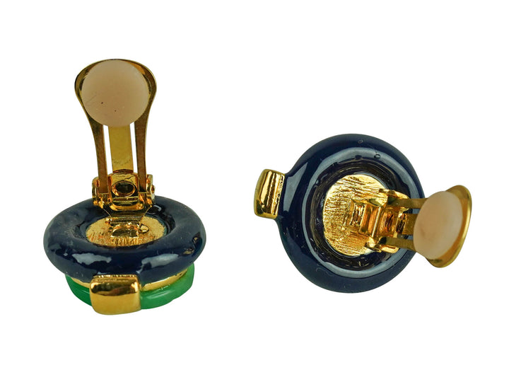 Kenneth Jay Lane Carved Jade Button Clip-On Earrings in Navy