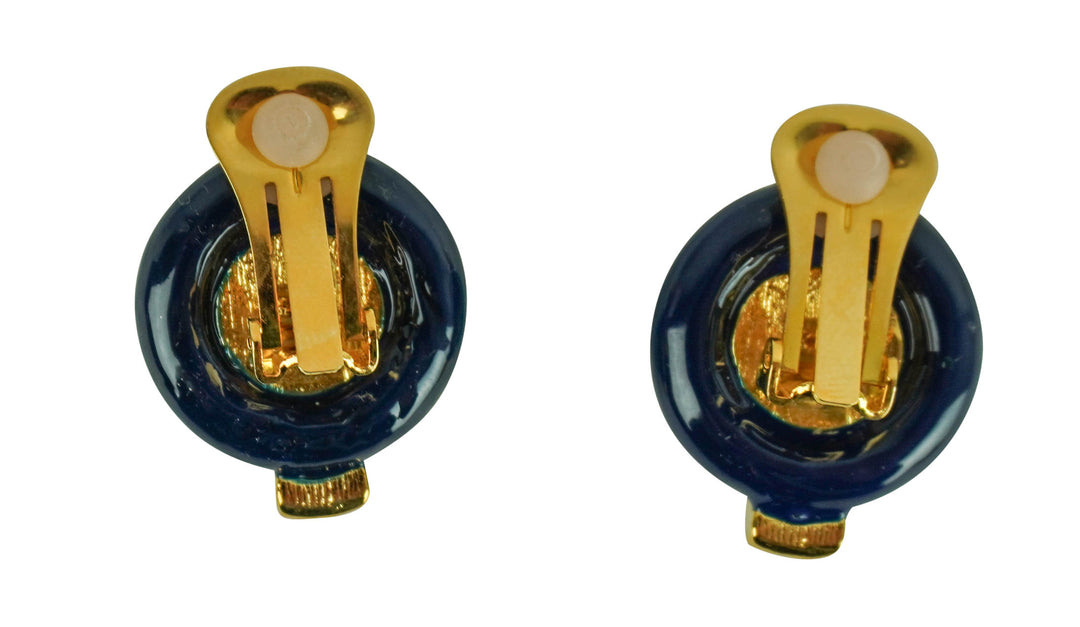 Kenneth Jay Lane Carved Jade Button Clip-On Earrings in Navy