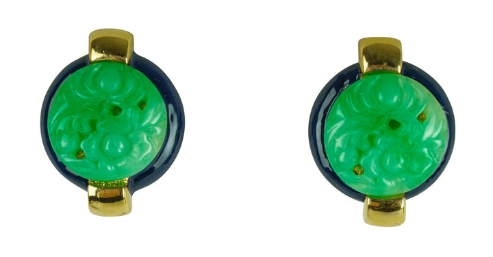 Kenneth Jay Lane Carved Jade Button Clip-On Earrings in Navy