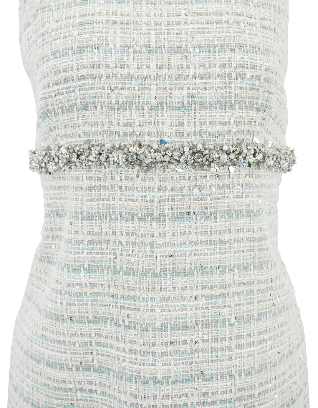 Valentino Embellished Tweed Dress in Cream, Grey and Blue