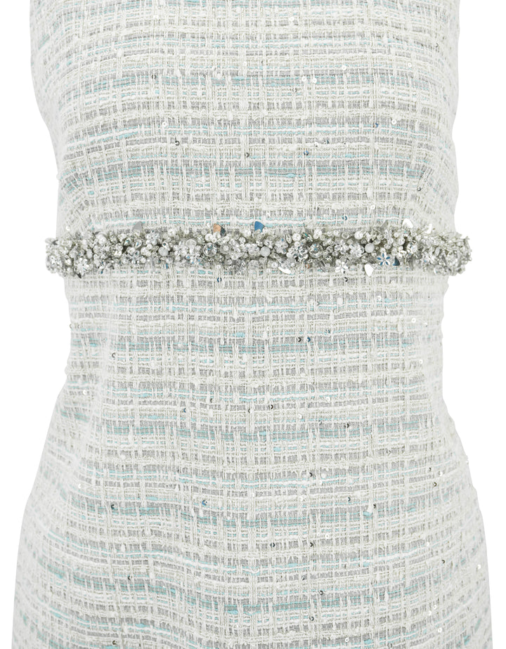 Valentino Embellished Tweed Dress in Cream, Grey and Blue