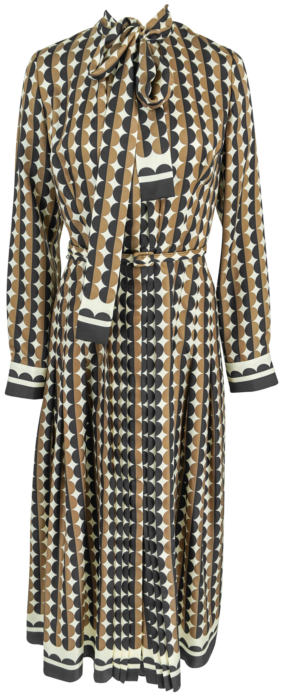 Oscar de la Renta Geo Silk Twill Neck-Tie Long-Sleeve Midi Dress in Brown/Black