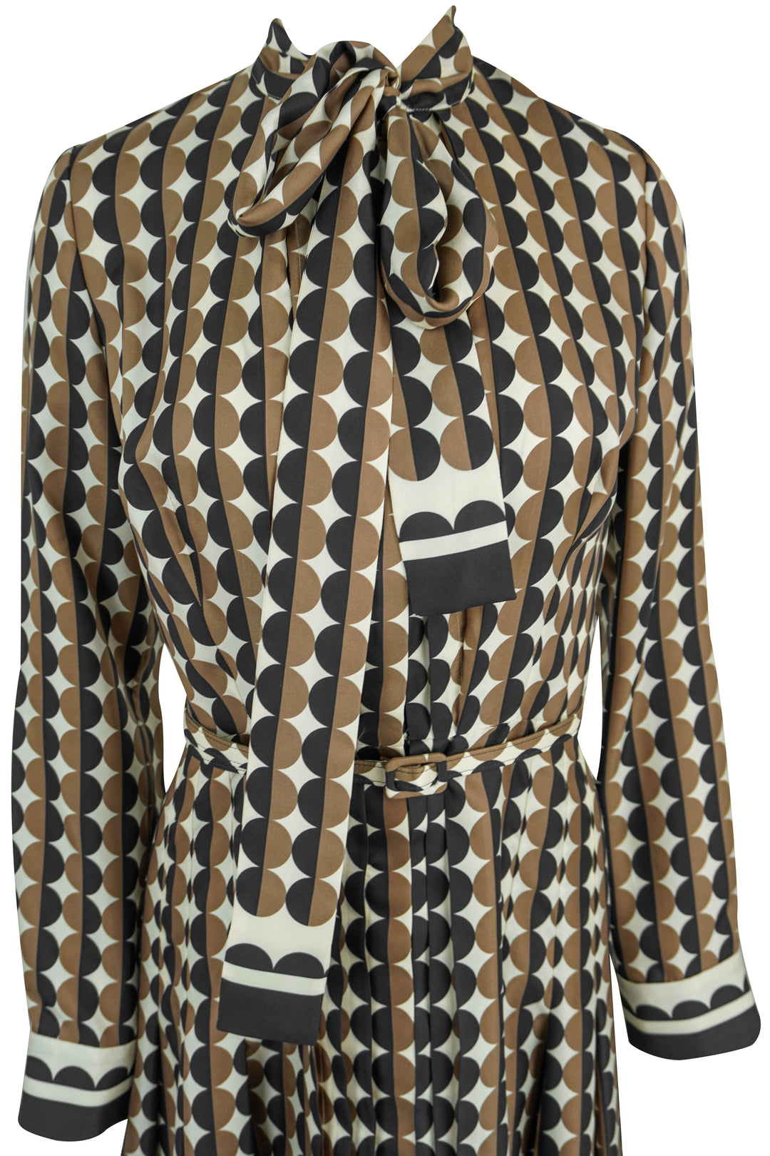 Oscar de la Renta Geo Silk Twill Neck-Tie Long-Sleeve Midi Dress in Brown/Black