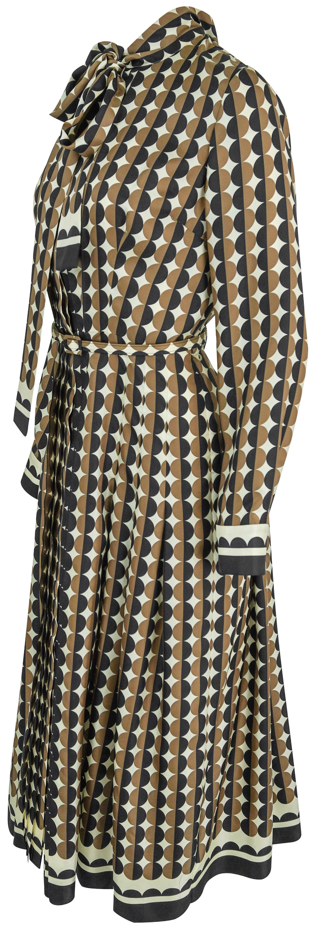 Oscar de la Renta Geo Silk Twill Neck-Tie Long-Sleeve Midi Dress in Brown/Black