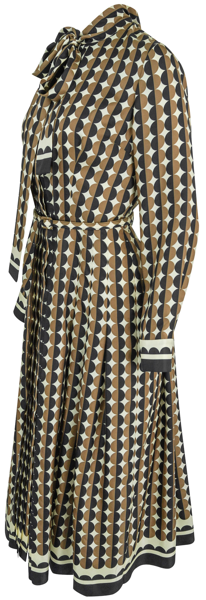 Oscar de la Renta Geo Silk Twill Neck-Tie Long-Sleeve Midi Dress in Brown/Black