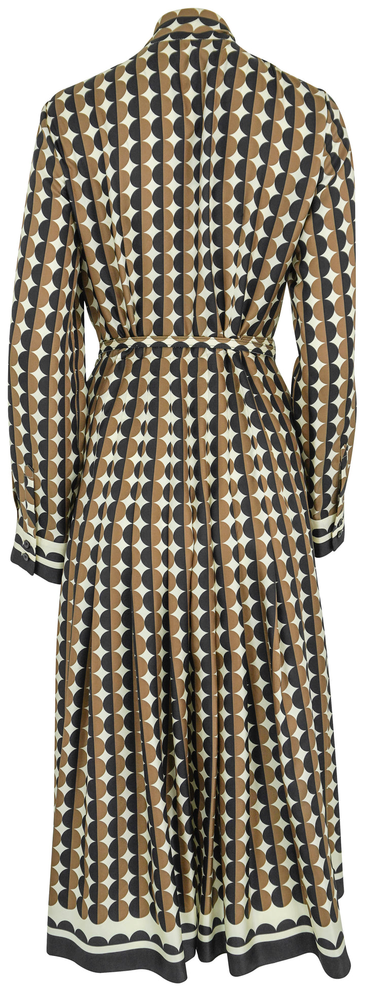 Oscar de la Renta Geo Silk Twill Neck-Tie Long-Sleeve Midi Dress in Brown/Black