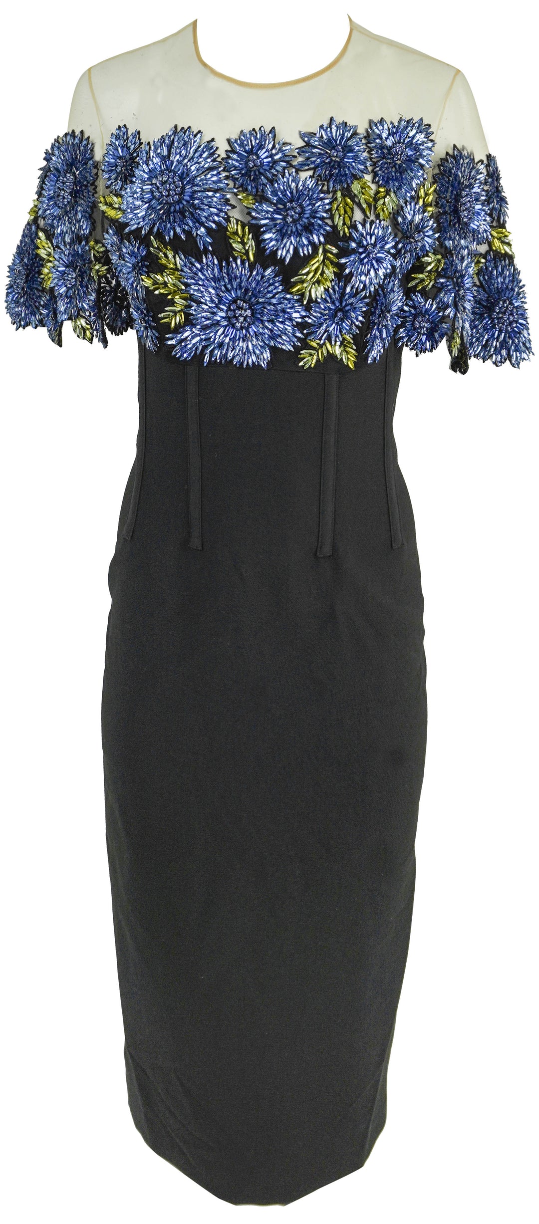 Lela Rose Floral Embroidery Bodice Dress in Blue