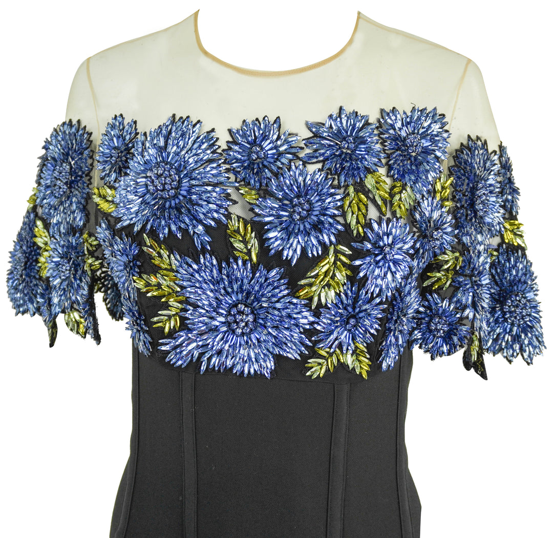 Lela Rose Floral Embroidery Bodice Dress in Blue