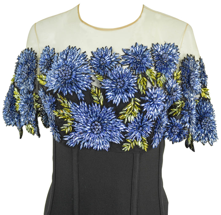 Lela Rose Floral Embroidery Bodice Dress in Blue