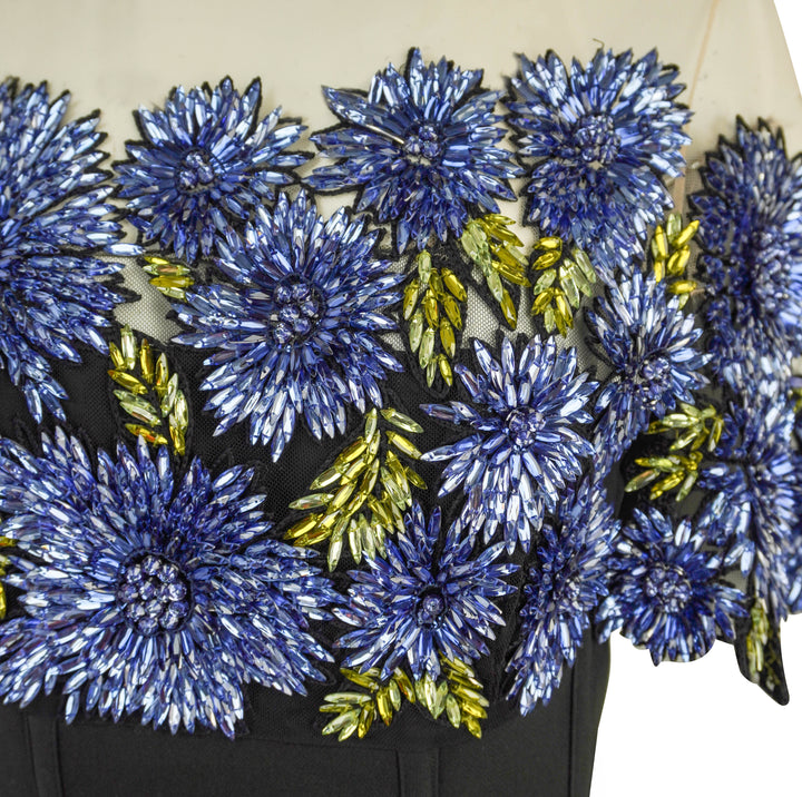 Lela Rose Floral Embroidery Bodice Dress in Blue