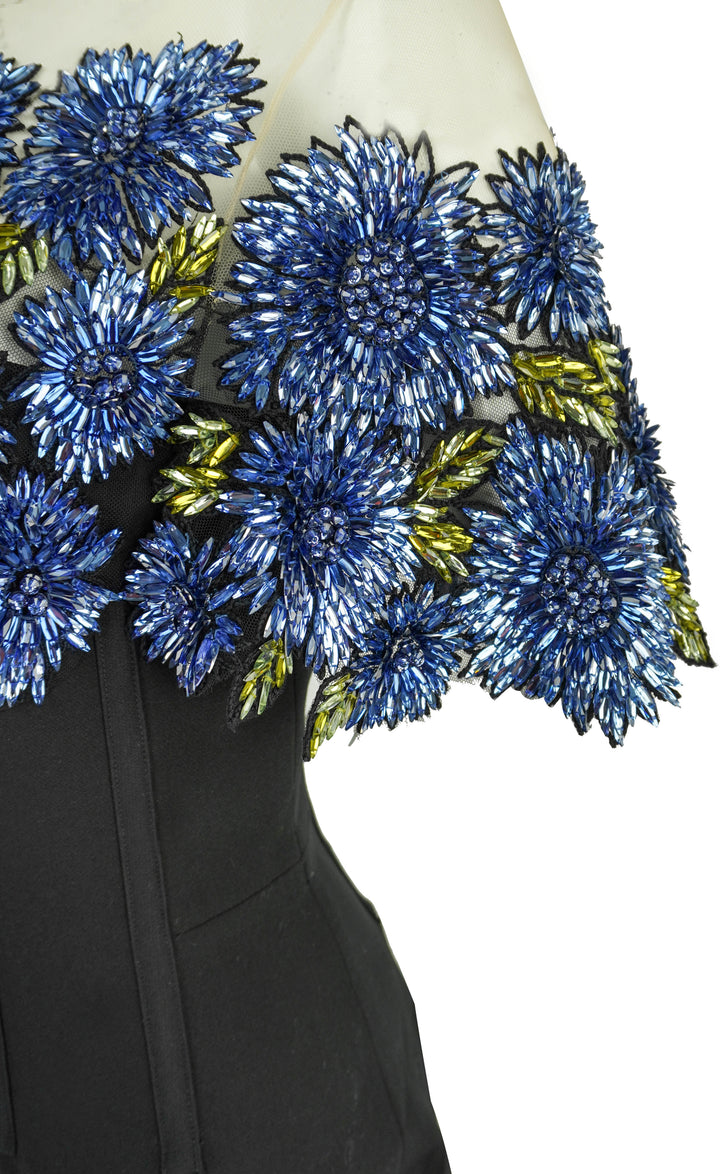 Lela Rose Floral Embroidery Bodice Dress in Blue