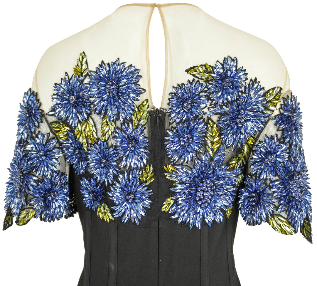 Lela Rose Floral Embroidery Bodice Dress in Blue