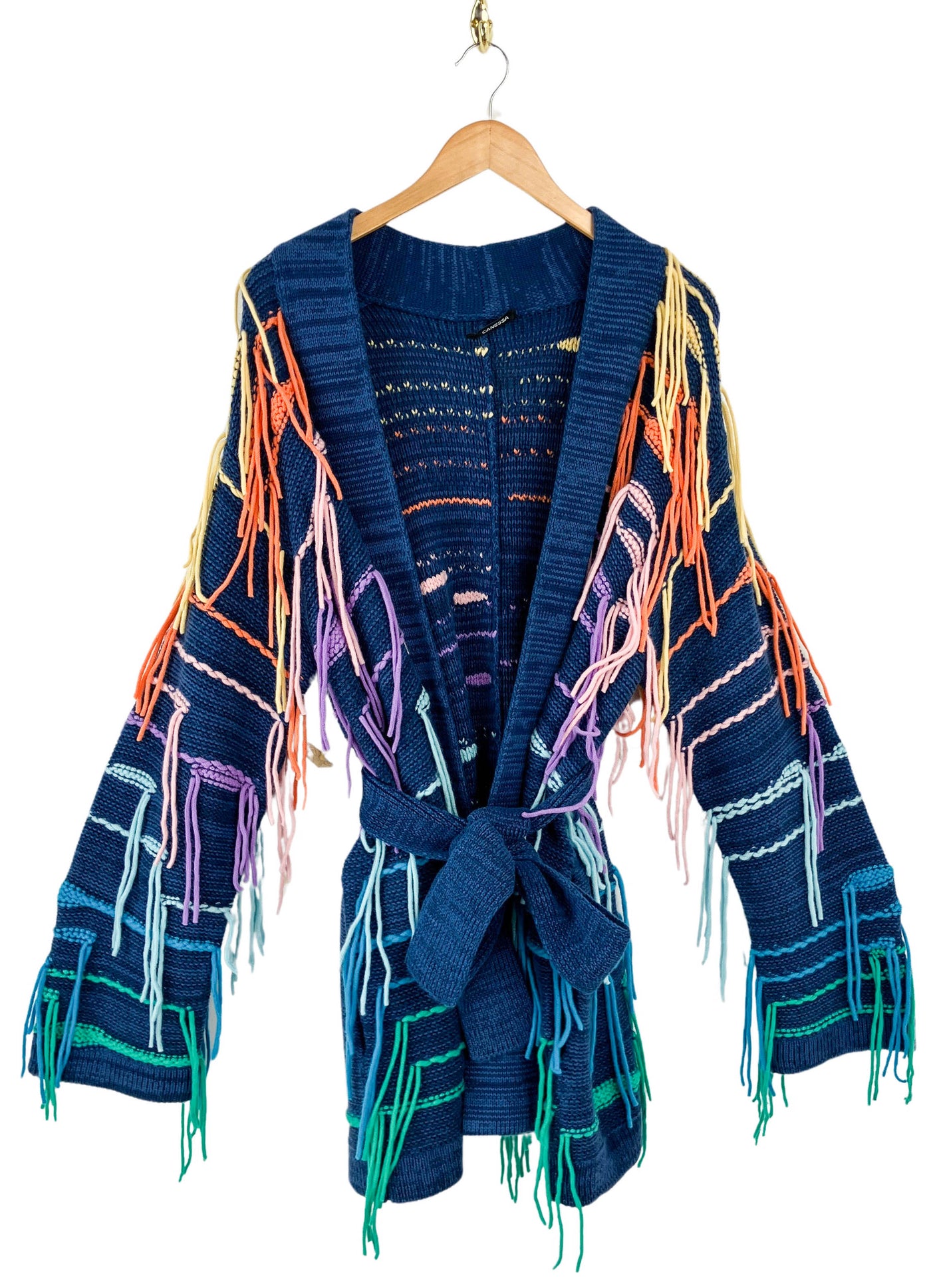 Canessa Fringe Cardigan in Blue Multi - Discounts on Canessa at UAL