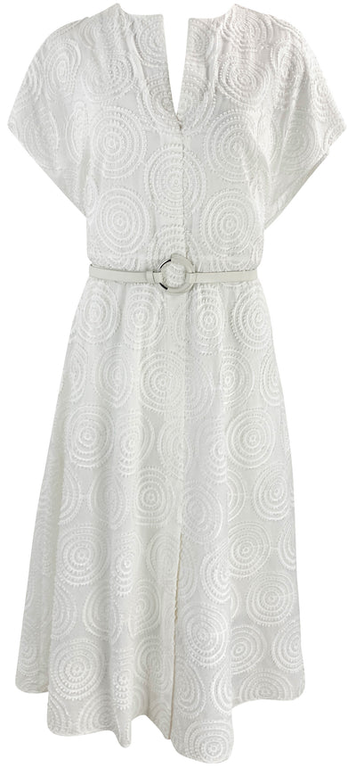 A-K-R-I-S- Punto Circle Loop Embroidered Belted Dress in Cream - Discounts on A-K-R-I-S- Punto at UAL