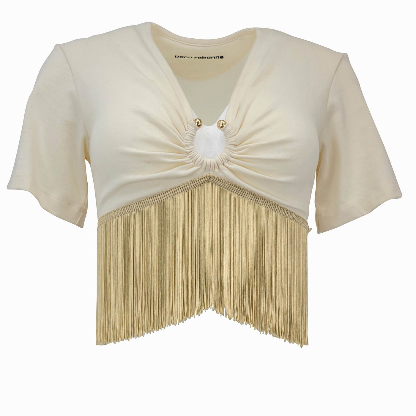 Paco Rabanne Crop Top With Piercing Ring and Fringe in Nude - Discounts on Paco Rabanne at UAL