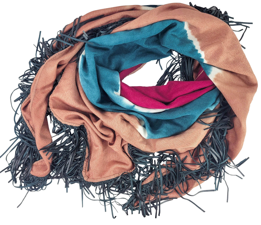 Bajra Triangle Fringe Scarf in Dark Teal/Dusty Rose/Wine