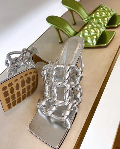 Bottega Veneta Reflection Weave Open Toe Mules in Silver - Discounts on Bottega Veneta at UAL