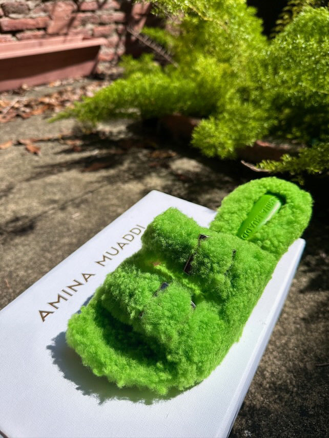 Amina Muaddi Millie Shearling Heels in Fluorescent Green - Discounts on Amina Muaddi at UAL