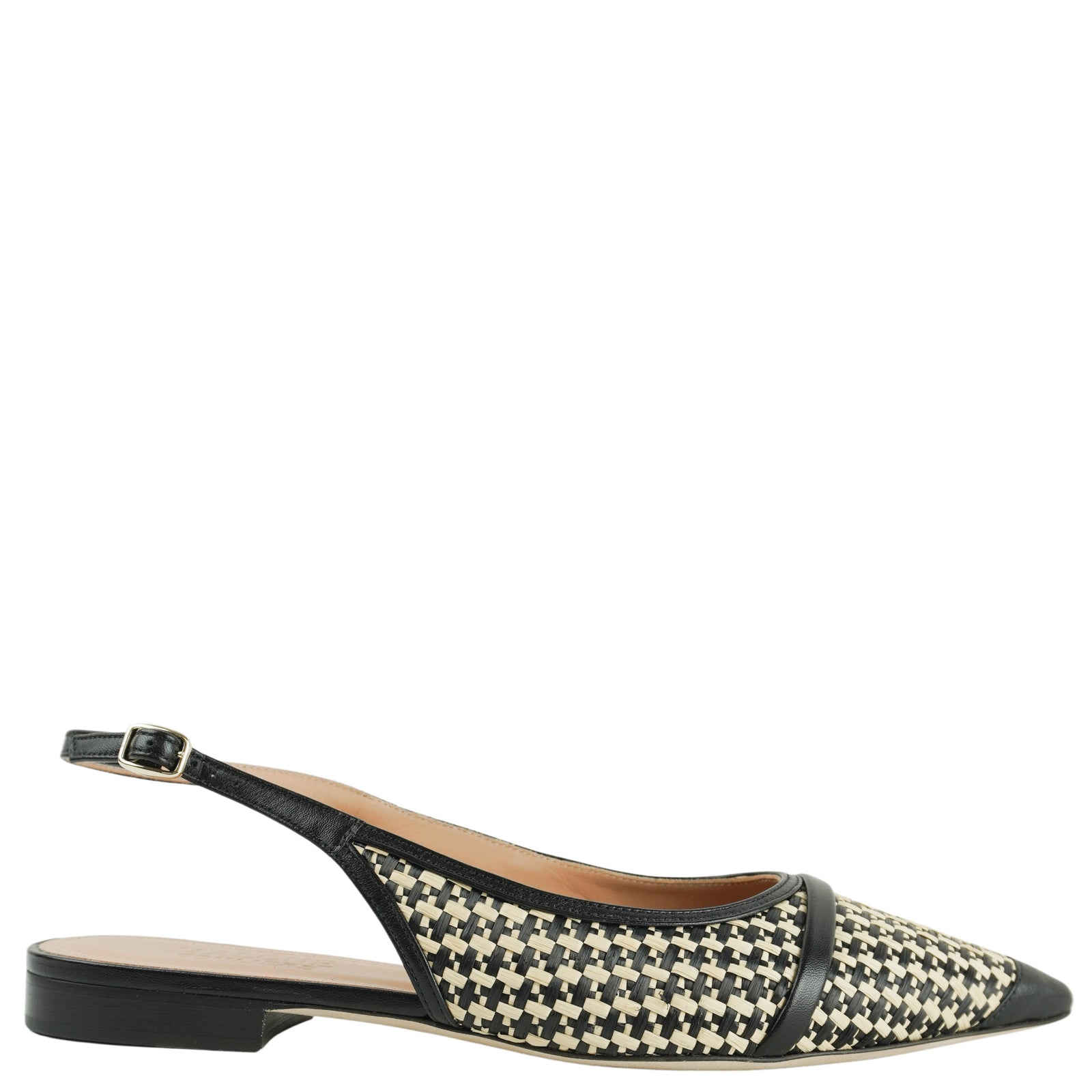 Malone Souliers Jama Raffia Slingback Flats in Black and Beige - Discounts on Malone Souliers at UAL