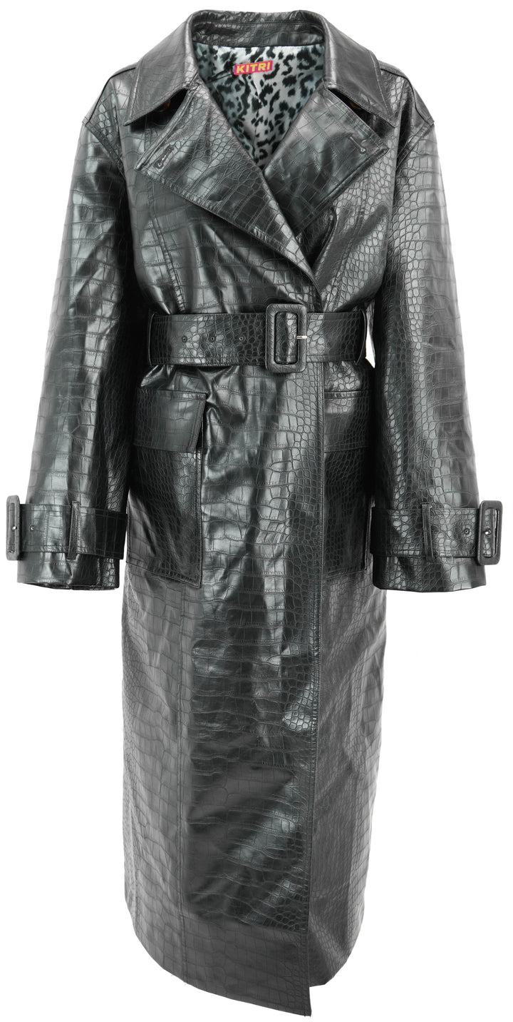 Kitri Croc Embossed Faux Leather Trench Coat in Black - Discounts on Kitri at UAL