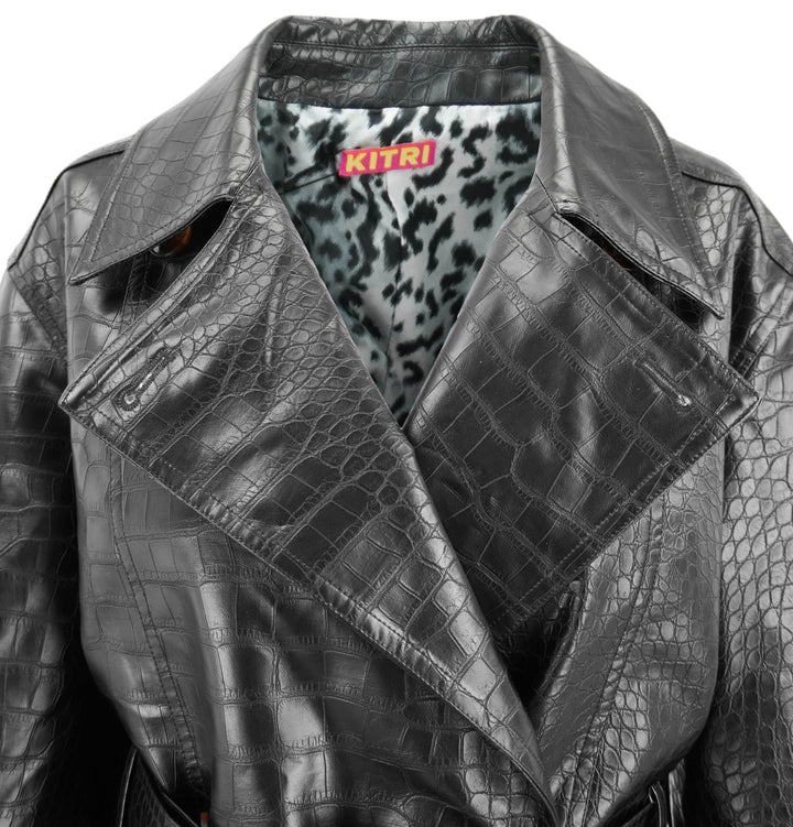 Kitri Croc Embossed Faux Leather Trench Coat in Black - Discounts on Kitri at UAL