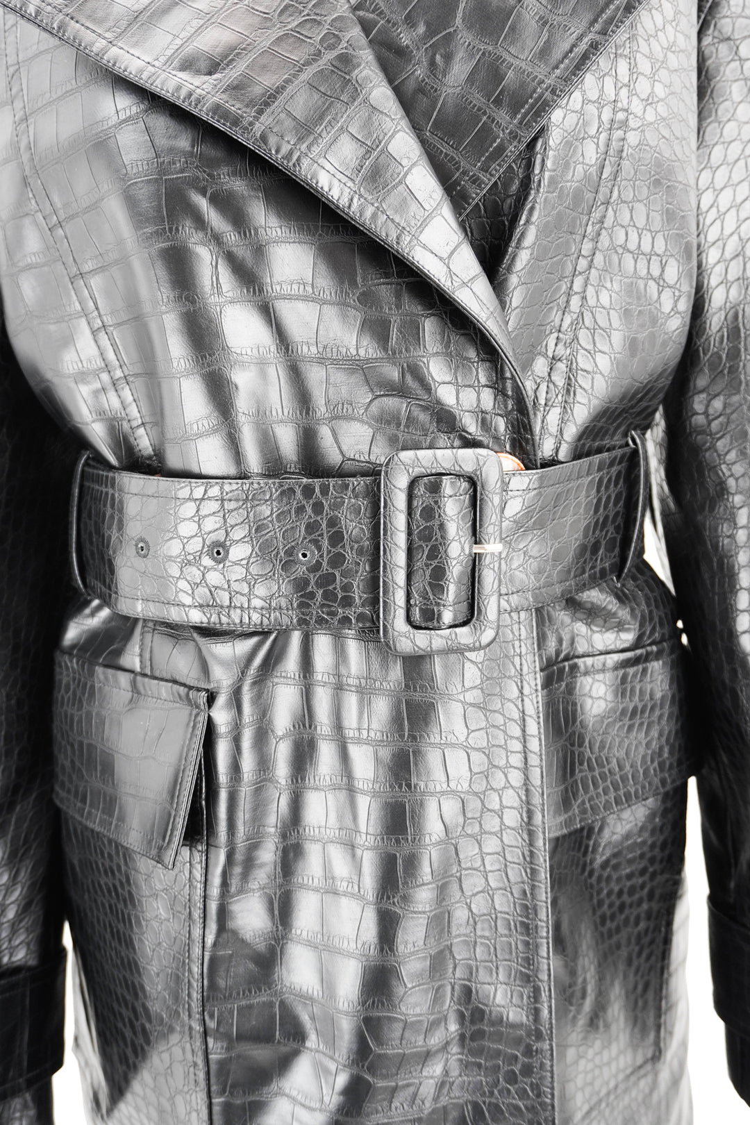 Kitri Croc Embossed Faux Leather Trench Coat in Black - Discounts on Kitri at UAL