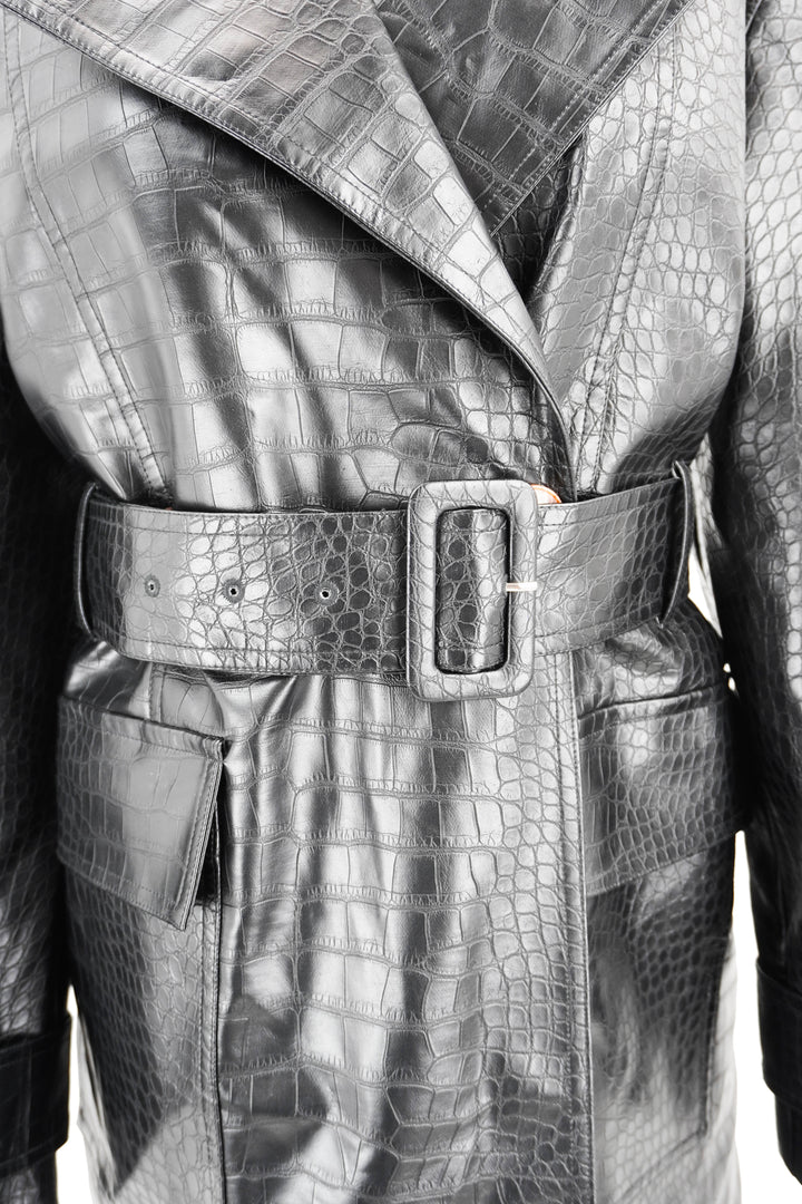 Kitri Croc Embossed Faux Leather Trench Coat in Black - Discounts on Kitri at UAL