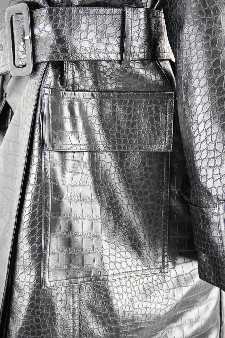 Kitri Croc Embossed Faux Leather Trench Coat in Black - Discounts on Kitri at UAL