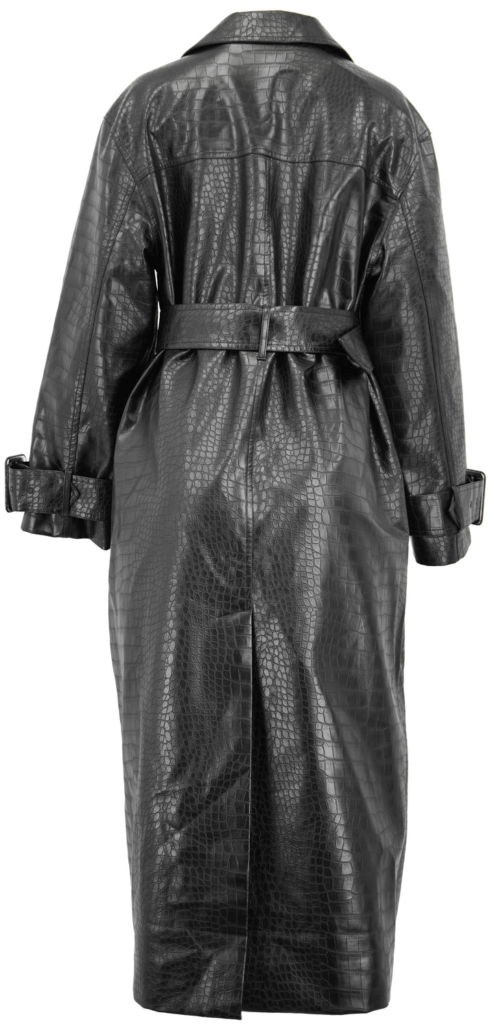 Kitri Croc Embossed Faux Leather Trench Coat in Black - Discounts on Kitri at UAL