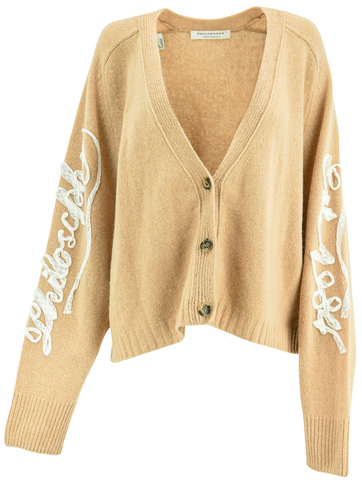 Philosophy Di Lorenzo Serafini Logo-Appliqué Cardigan in Tan - Discounts on Philosophy Di Lorenzo Serafini at UAL