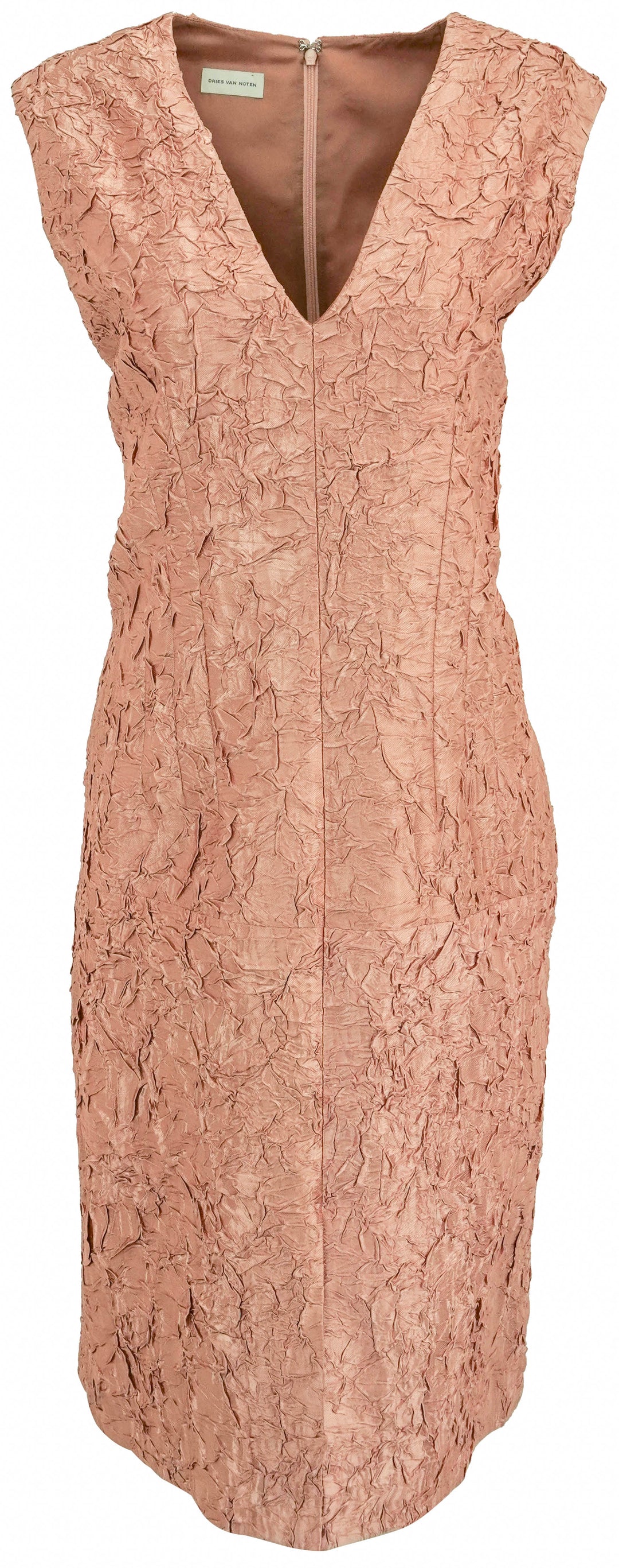 Dries Van Noten Crushed Plisse V-Neck Dress in Peach - Discounts on Dries Van Noten at UAL