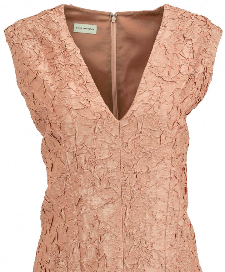 Dries Van Noten Crushed Plisse V-Neck Dress in Peach - Discounts on Dries Van Noten at UAL