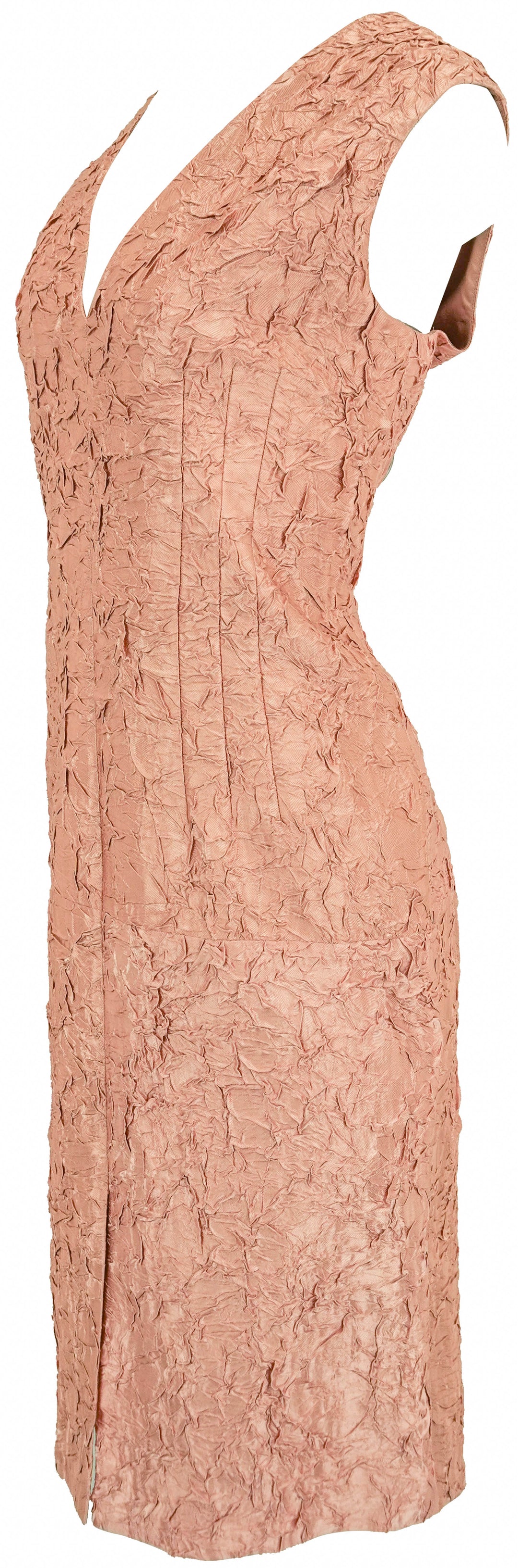 Dries Van Noten Crushed Plisse V-Neck Dress in Peach - Discounts on Dries Van Noten at UAL