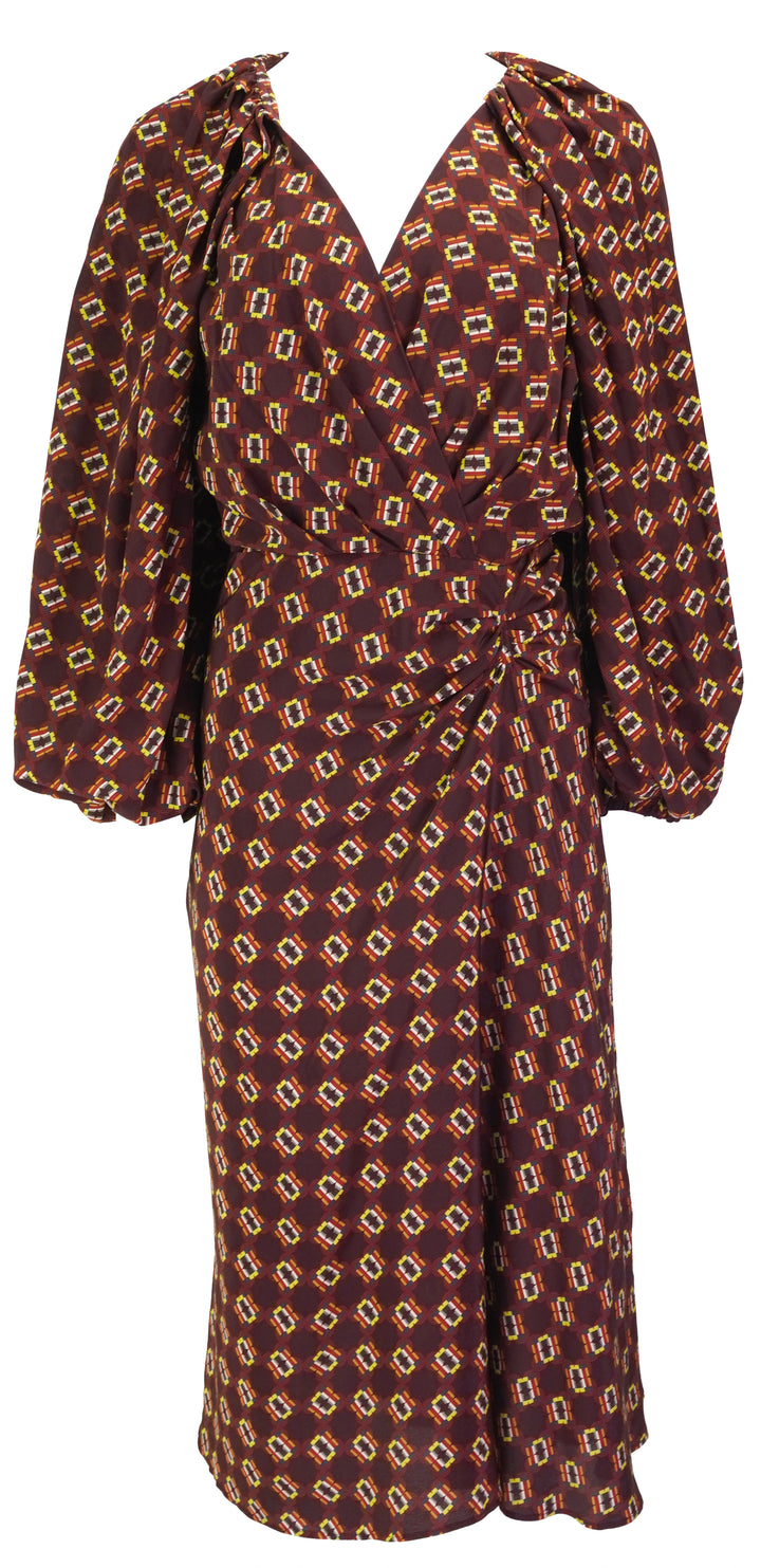 Dries Van Noten Printed Silk Wrap-Effect Midi Dress in Maroon - Discounts on Dries Van Noten at UAL