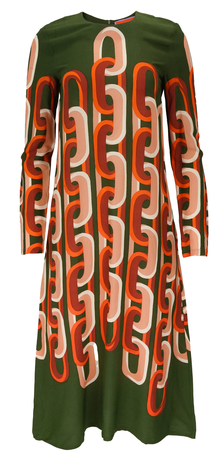 La DoubleJ. Long Sleeve Midi Swing Dress in Prometheus Placeé Camouflage Green