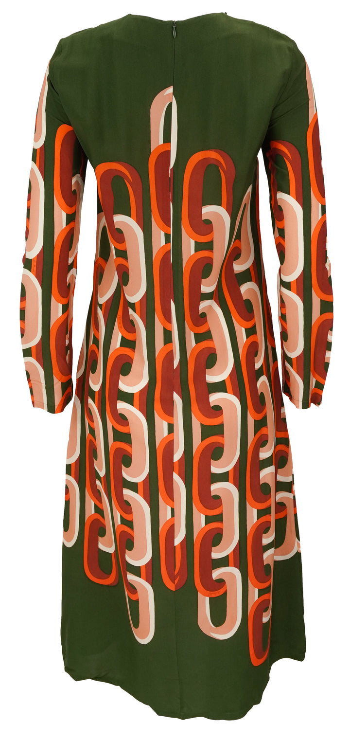 La DoubleJ. Long Sleeve Midi Swing Dress in Prometheus Placeé Camouflage Green