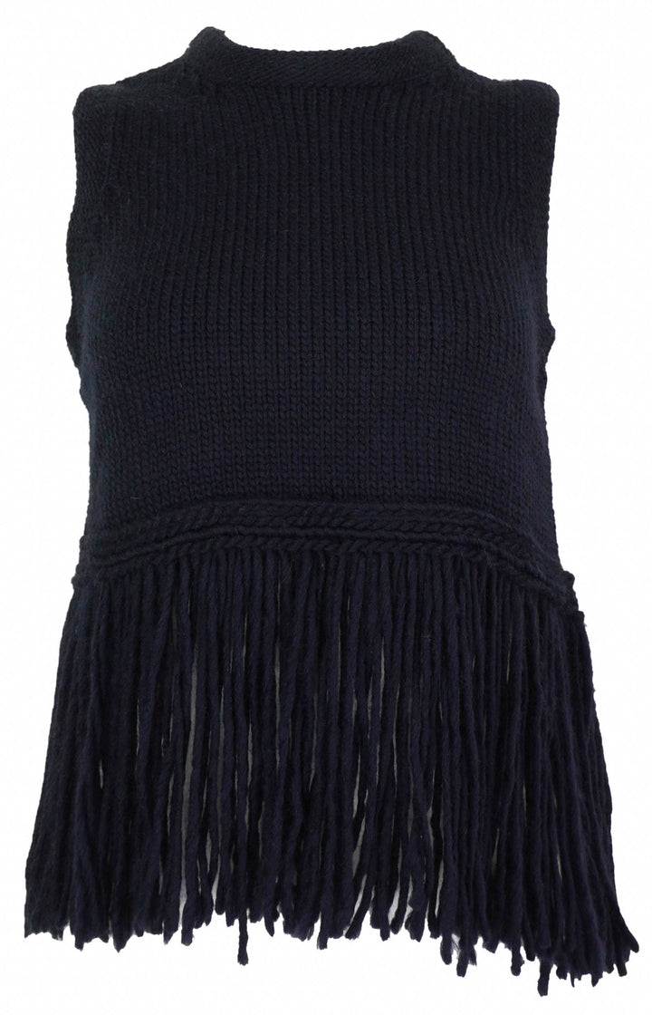 AVN Sleeveless Fringe Knit Top in Navy