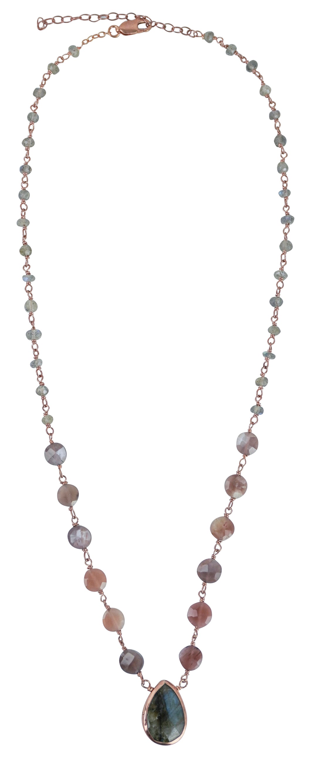 Ela Rae Ara Necklace in Mystic Pink Moonstone and Labradorite - Discounts on Ela Rae at UAL