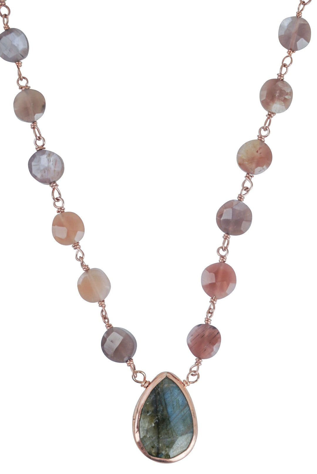 Ela Rae Ara Necklace in Mystic Pink Moonstone and Labradorite - Discounts on Ela Rae at UAL