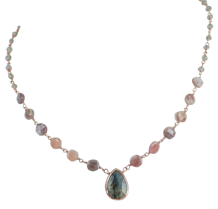 Ela Rae Ara Necklace in Mystic Pink Moonstone and Labradorite - Discounts on Ela Rae at UAL