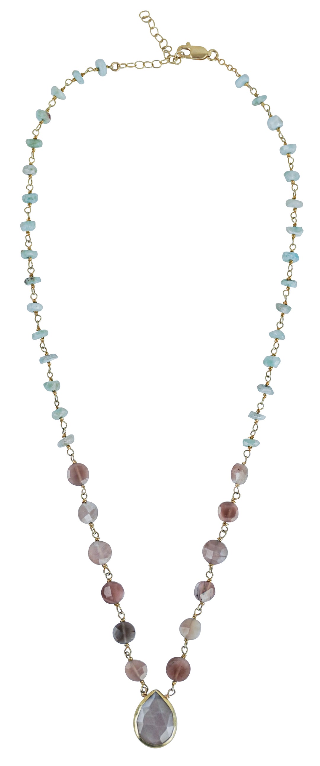 Ela Rae Ara Necklace in Mystic Pink Moonstone and Larimar - Discounts on Ela Rae at UAL