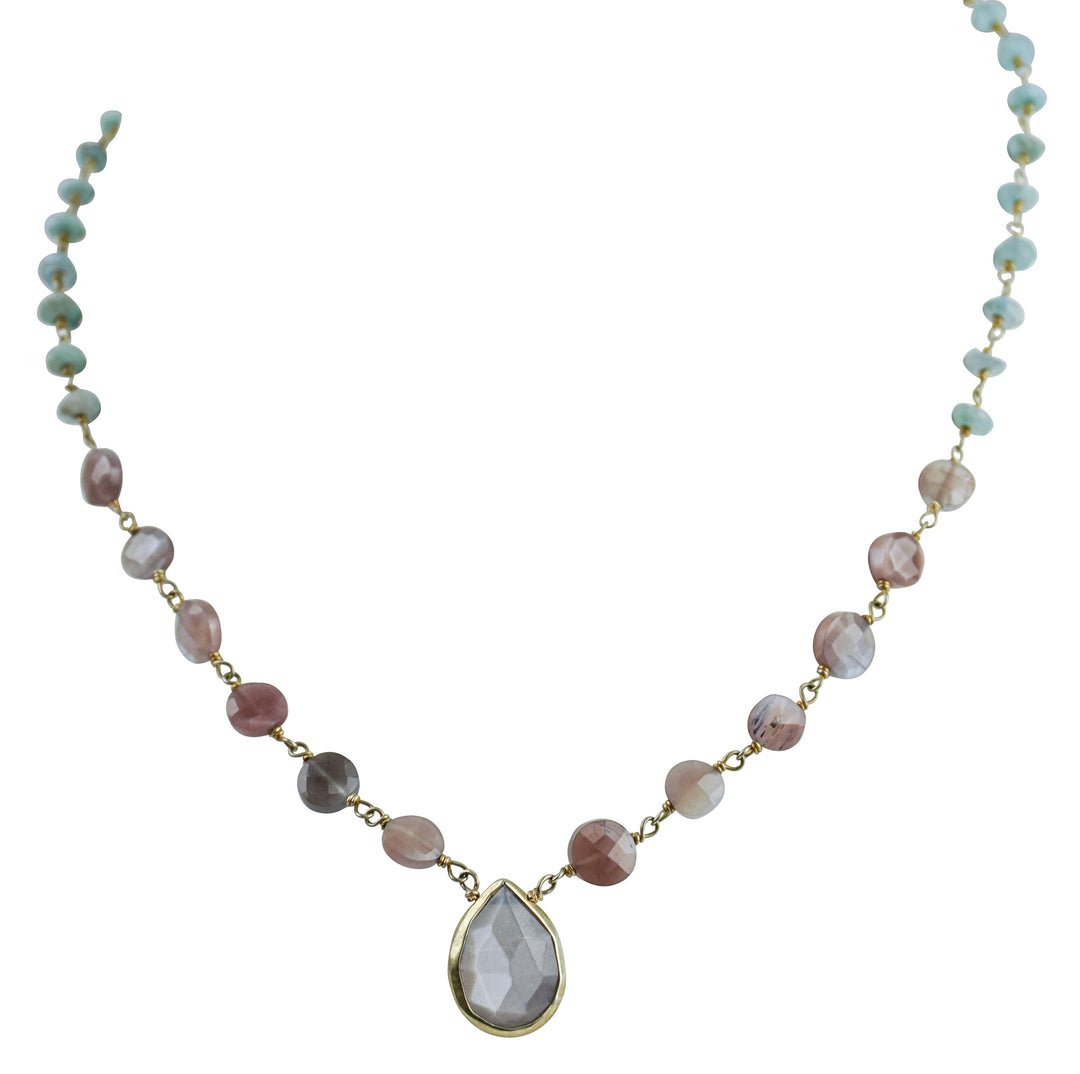 Ela Rae Ara Necklace in Mystic Pink Moonstone and Larimar - Discounts on Ela Rae at UAL