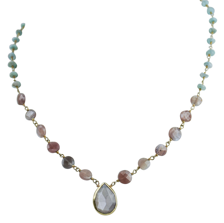 Ela Rae Ara Necklace in Mystic Pink Moonstone and Larimar - Discounts on Ela Rae at UAL