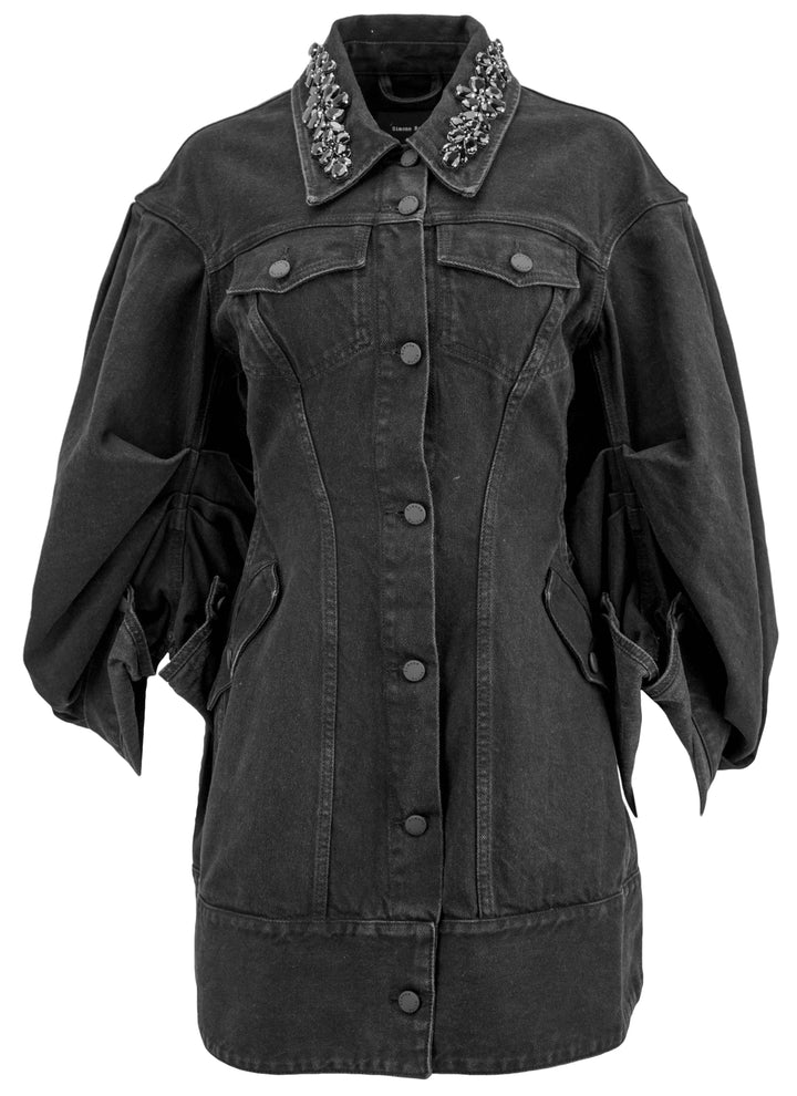 Simone Rocha Embellished Sculpted Denim Coat Dress in Black