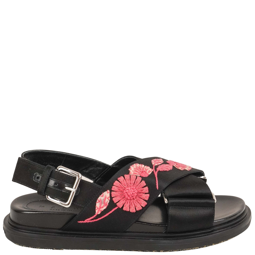 Marni Satin Floral Embroidered Fussbett Sandals in Black and Pink - Discounts on Marni at UAL