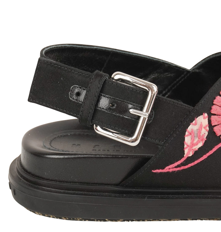 Marni Satin Floral Embroidered Fussbett Sandals in Black and Pink - Discounts on Marni at UAL