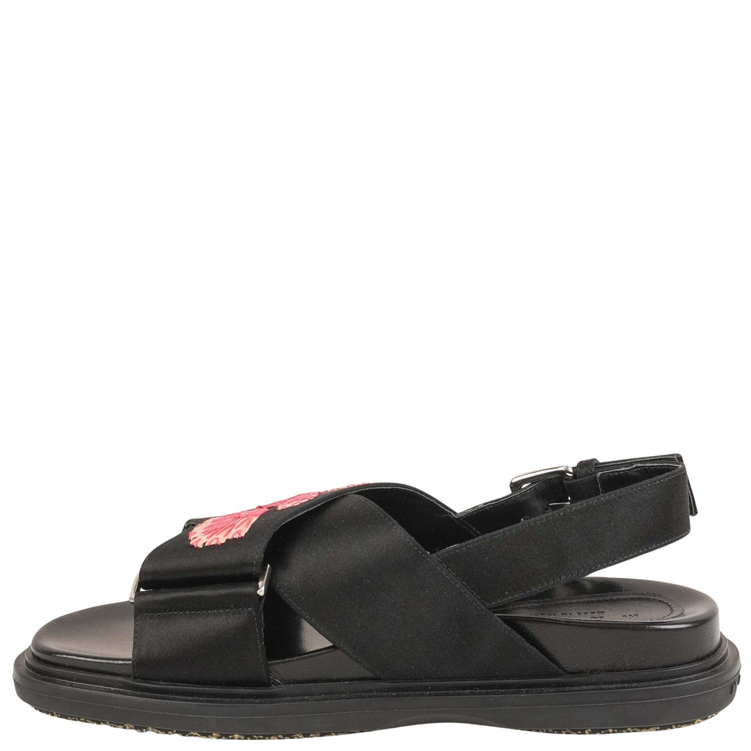 Marni Satin Floral Embroidered Fussbett Sandals in Black and Pink - Discounts on Marni at UAL
