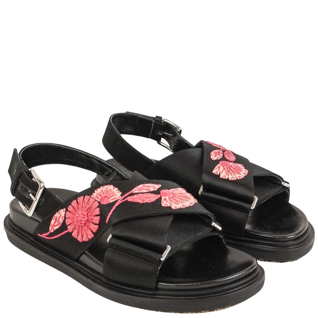 Marni Satin Floral Embroidered Fussbett Sandals in Black and Pink - Discounts on Marni at UAL